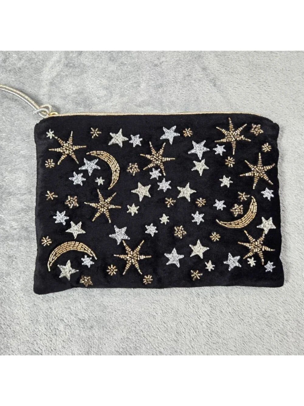 Printfresh Pouch Clutch Black Celestial Beaded Velvet Makeup Travel Toiletries